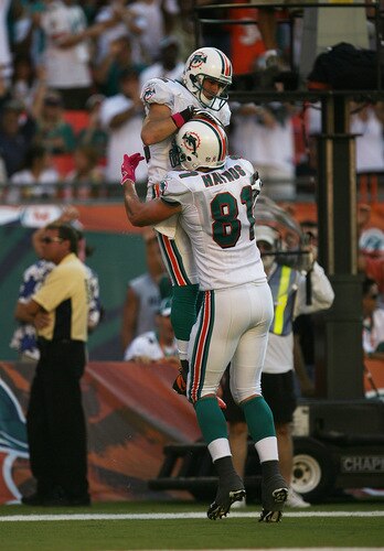 MIAMI - OCTOBER 04:  Wide receiver Brian Hartline #82 and tight end Joey Haynos #81 of the Miami Dolphins celebrate Hartline's touchdown catch against the Buffalo Bills at Land Shark Stadium on October 4, 2009 in Miami, Florida. The Dolphins defeated the Bills 38-10.  <br /><br /><span class="help">(Photo by Doug Benc/Getty Images)</span>