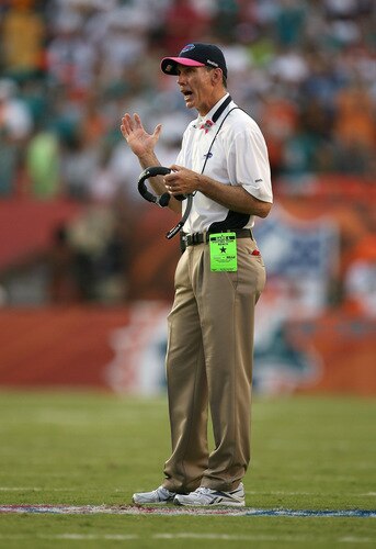 MIAMI - OCTOBER 04:  Head coach Dick Jauron of the Buffalo Bills asks an official for an explanation on play against the Miami Dolphins at Land Shark Stadium on October 4, 2009 in Miami, Florida. The Dolphins defeated the Bills 38-10.  <br /><br /><span class="help">(Photo by Doug Benc/Getty Images)</span>