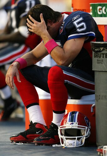 MIAMI - OCTOBER 04:  Quarterback Trent Edwards #5 of the Buffalo Bills reacts on the sidelines late in the game against the Miami Dolphins at Land Shark Stadium on October 4, 2009 in Miami, Florida. The Dolphins defeated the Bills 38-10.  <br /><br /><span class="help">(Photo by Doug Benc/Getty Images)</span>