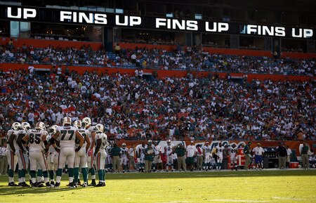 MIAMI - OCTOBER 04:  The Miami Dolphins huddle up during a game against the Buffalo Bills at Land Shark Stadium on October 4, 2009 in Miami, Florida.  Miami defeated Buffalo 38-10.  <br /><br /><span class="help">(Photo by Marc Serota/Getty Images)</span>