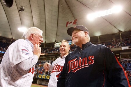 MINNEAPOLIS, MN - OCTOBER 4: Former Minnesota Twins manager Tom Kelly chats with former player Paul Molitor and current manager Ron Gardenhire during a post-game tribute to the Hubert H. Humphrey Metrodome on October 4, 2009 in Minneapolis, Minnesota.  <br /><br /><span class="help">(Photo by Genevieve Ross/Getty Images)</span>