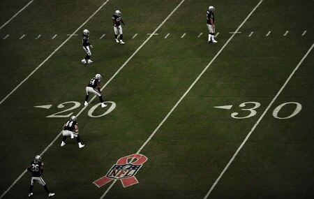 HOUSTON - OCTOBER 04:  A pink ribbon with the NFL logo is displayed on the field as the Oakland Raiders prepare to kickoff to the Houston Texans at Reliant Stadium on October 4, 2009 in Houston, Texas. Many players and officials in the NFL wore pink as part of breast cancer awareness month.  <br /><br /><span class="help">(Photo by Ronald Martinez/Getty Images)</span>