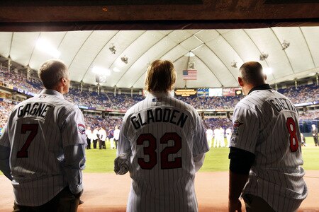 MINNEAPOLIS, MN - OCTOBER 4: Former Minnesota Twins player Greg Gagne, Dan Gladden and Gary Gaetti wait to be introduced during a tribute to the Hubert H. Humphrey Metrodome on October 4, 2009 in Minneapolis, Minnesota. <br /><br /><span class="help">(Photo by Genevieve Ross/Getty Images)</span>