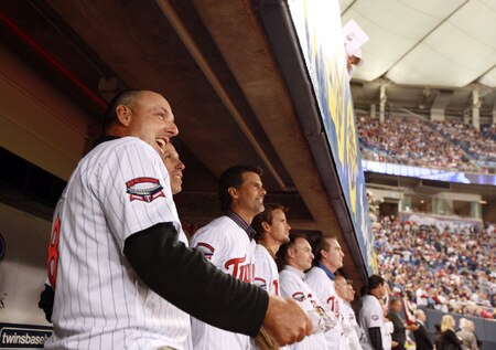 MINNEAPOLIS, MN - OCTOBER 4: Former Minnesota Twins player Gary Gaetti shares a laugh with other past players during a tribute at the Hubert H. Humphrey Metrodome on October 4, 2009 in Minneapolis, Minnesota. <br /><br /><span class="help">(Photo by Genevieve Ross/Getty Images)</span>