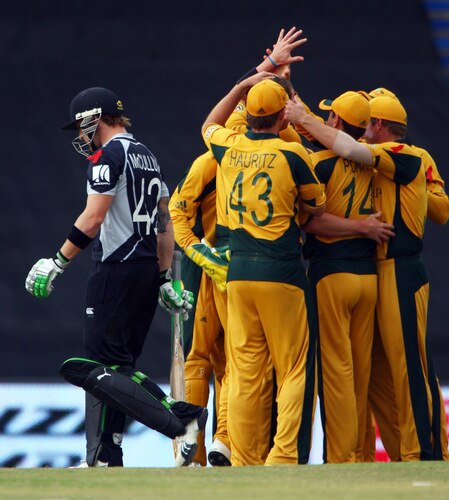 CENTURION, SOUTH AFRICA - OCTOBER 05: Brendon McCullum of New Zealand walks past jubillant Australian players after his dismissal during the ICC Champions Trophy Final between Australia and New Zealand played at Supersport Park on October 5, 2009 in Centurion, South Africa.  <br /><br /><span class="help">(Photo by Julian Herbert/Getty Images)</span>