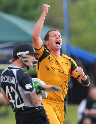 CENTURION, SOUTH AFRICA - OCTOBER 05:  Peter Siddle of Australia celebrates the  wicket of Brendon McCullum of New Zealand for a duck during the ICC Champions Trophy final match between Australia and New Zealand from SuperSport Park on October 05, 2009 in Centurion, South Africa. <br /><br /><span class="help">(Photo by Duif du Toit/Gallo Images/Getty Images)</span>