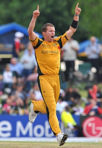 CENTURION, SOUTH AFRICA - OCTOBER 05:  Peter Siddle of Australia celebrates the  wicket of Brendon McCullum of New Zealand for a duck during the ICC Champions Trophy final match between Australia and New Zealand from SuperSport Park on October 05, 2009 in Centurion, South Africa. <br /><br /><span class="help">(Photo by Duif du Toit/Gallo Images/Getty Images)</span>