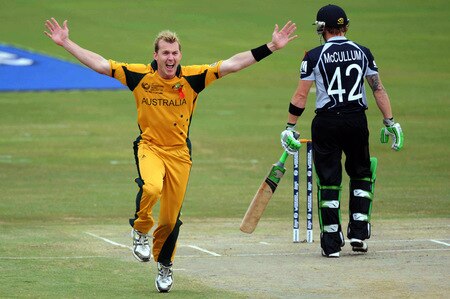 CENTURION, SOUTH AFRICA - OCTOBER 05:  Brendon McCullum of New Zealand looks away as Brett Lee of Australia appeals during the ICC Champions Trophy final match between Australia and New Zealand from SuperSport Park on October 05, 2009 in Centurion, South Africa. <br /><br /><span class="help">(Photo by Lee Warren/Gallo Images/Getty Images)</span>