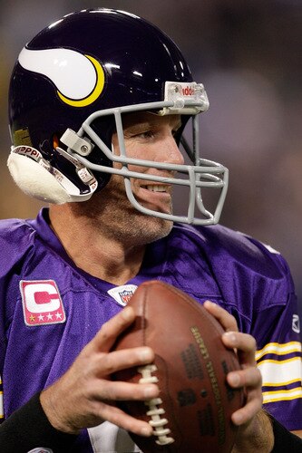 MINNEAPOLIS - OCTOBER 05:  Quarterback Brett Favre #4 of the Minnesota Vikings warms up prior to the start of the game against the Green Bay Packers on October 5, 2009 at Hubert H. Humphrey Metrodome in Minneapolis, Minnesota.  <br /><br /><span class="help">(Photo by Jamie Squire/Getty Images)</span>