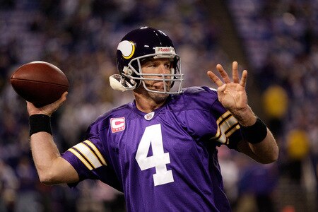 MINNEAPOLIS - OCTOBER 05:  Quarterback Brett Favre #4 of the Minnesota Vikings warms up on the field prior to the start of the game against the Green Bay Packers on October 5, 2009 at Hubert H. Humphrey Metrodome in Minneapolis, Minnesota.  <br /><br /><span class="help">(Photo by Jamie Squire/Getty Images)</span>