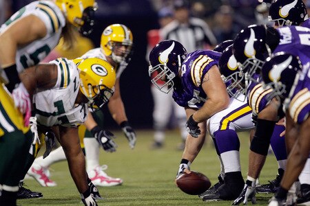 MINNEAPOLIS - OCTOBER 05:  Center John Sullivan #65 and the Minnesota Vikings line up during the game against the Green Bay Packers on October 5, 2009 at Hubert H. Humphrey Metrodome in Minneapolis, Minnesota.  <br /><br /><span class="help">(Photo by Jamie Squire/Getty Images)</span>