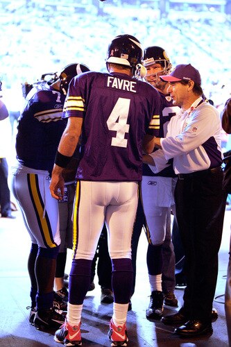 MINNEAPOLIS - OCTOBER 05:  Quarterback Brett Favre #4 of the Minnesota Vikings walks out of the tunnel onto the field prior to the start of the game against the Green Bay Packers on October 5, 2009 at Hubert H. Humphrey Metrodome in Minneapolis, Minnesota.  <br /><br /><span class="help">(Photo by Jamie Squire/Getty Images)</span>