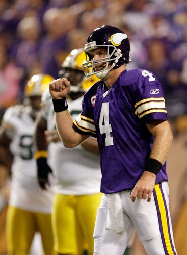 MINNEAPOLIS - OCTOBER 05:  Quarterback Brett Favre #4 of the Minnesota Vikings pumps his fist after a penalty against the Green Bay Packers during the game on October 5, 2009 at Hubert H. Humphrey Metrodome in Minneapolis, Minnesota.  <br /><br /><span class="help">(Photo by Jamie Squire/Getty Images)</span>