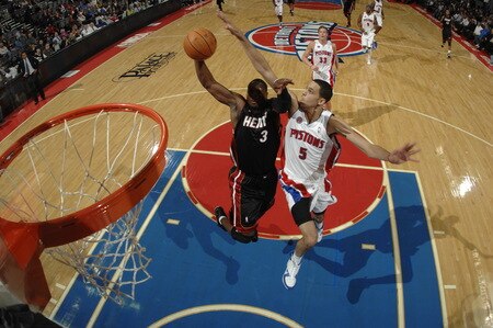 AUBURN HILLS, MI - OCTOBER 5:  Dwyane Wade #3 of the Miami Heat gets his shot attempt blocked by Austin Daye #5 of the Detroit Pistons in a preseason game at the Palace of Auburn Hills on October 5, 2009 in Auburn Hills, Michigan.  <br /><br /><span class="help">(Photo by Allen Einstein/NBAE via Getty Images)</span>