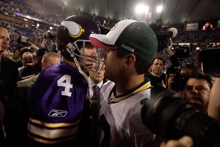 MINNEAPOLIS - OCTOBER 05:  Quarterback Brett Favre #4 of the Minnesota Vikings hugs Aaron Rodgers #12 of the Green Bay Packers following the Vikings victory over the Packers on October 5, 2009 at Hubert H. Humphrey Metrodome in Minneapolis, Minnesota.  <br /><br /><span class="help">(Photo by Jamie Squire/Getty Images)</span>