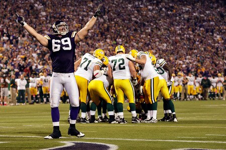 MINNEAPOLIS - OCTOBER 05:  Defensive end Jared Allen #69 of the Minnesota Vikings pumps up the crowd during the Monday Night Football game against the Green Bay Packers on October 5, 2009 at Hubert H. Humphrey Metrodome in Minneapolis, Minnesota.  <br /><br /><span class="help">(Photo by Jamie Squire/Getty Images)</span>