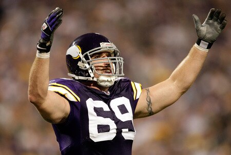 MINNEAPOLIS - OCTOBER 05:  Defensive end Jared Allen #69 of the Minnesota Vikings pumps up the crowd during the Monday Night Football game against the Green Bay Packers on October 5, 2009 at Hubert H. Humphrey Metrodome in Minneapolis, Minnesota.  <br /><br /><span class="help">(Photo by Jamie Squire/Getty Images)</span>
