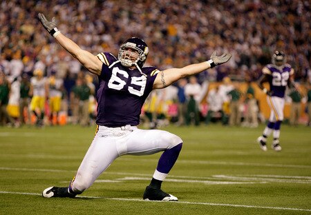 MINNEAPOLIS - OCTOBER 05:  Defensive end Jared Allen #69 of the Minnesota Vikings celebrates after a sack during the Monday Night Football game against the Green Bay Packers on October 5, 2009 at Hubert H. Humphrey Metrodome in Minneapolis, Minnesota.  <br /><br /><span class="help">(Photo by Jamie Squire/Getty Images)</span>