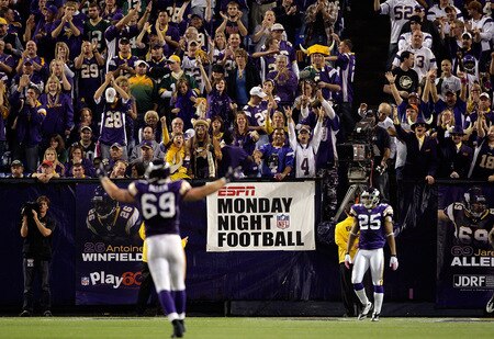 MINNEAPOLIS - OCTOBER 05:  The crowd cheers as defensive end Jared Allen #69 of the Minnesota Vikings celebrates after a sack during the Monday Night Football game against the Green Bay Packers on October 5, 2009 at Hubert H. Humphrey Metrodome in Minneapolis, Minnesota.  <br /><br /><span class="help">(Photo by Jamie Squire/Getty Images)</span>