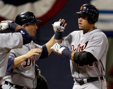 MINNEAPOLIS - OCTOBER 06:  Miguel Cabrera #24 of the Detroit Tigers is congratulated by Magglio Ordonez #30 after hitting a home run during the 3rd inning of the American League Tiebreaker game against the Minnesota Twins on October 6, 2009 at Hubert H. Humphrey Metrodome in Minneapolis, Minnesota.  <br /><br /><span class="help">(Photo by Jamie Squire/Getty Images)</span>