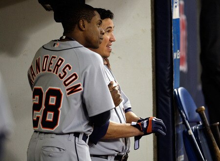 MINNEAPOLIS - OCTOBER 06:  Curtis Granderson #28 of the Detroit Tigers watches from the dugout alongside Magglio Ordonez #30 during the American League Tiebreaker game against the Minnesota Twins on October 6, 2009 at Hubert H. Humphrey Metrodome in Minneapolis, Minnesota.  <br /><br /><span class="help">(Photo by Jamie Squire/Getty Images)</span>