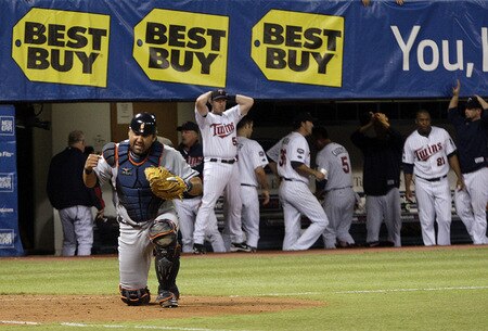 MINNEAPOLIS - OCTOBER 06:  Catcher Gerald Liard #8 of the Detroit Tigers pumps his fist after tagging out Alexi Casilla #25 of the Minnesota Twins at home plate in the bottom of the 10th inning during the American League Tiebreaker game on October 6, 2009 at Hubert H. Humphrey Metrodome in Minneapolis, Minnesota.  <br /><br /><span class="help">(Photo by Jamie Squire/Getty Images)</span>