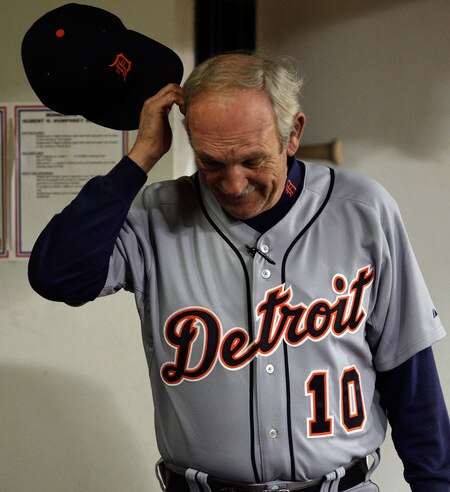 MINNEAPOLIS - OCTOBER 06:  Manager Jim Leyland #10 of the Detroit Tigers looks in the dugout during the American League Tiebreaker game against  the Minnesota Twins on October 6, 2009 at Hubert H. Humphrey Metrodome in Minneapolis, Minnesota.  <br /><br /><span class="help">(Photo by Jamie Squire/Getty Images)</span>
