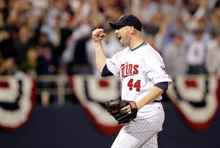 MINNEAPOLIS - OCTOBER 06:  Reliever Bobby Keppel #44 of the Minnesota Twins pumps his fist after ending the inning during the American League Tiebreaker game against  the Detroit Tigers on October 6, 2009 at Hubert H. Humphrey Metrodome in Minneapolis, Minnesota.  <br /><br /><span class="help">(Photo by Jamie Squire/Getty Images)</span>