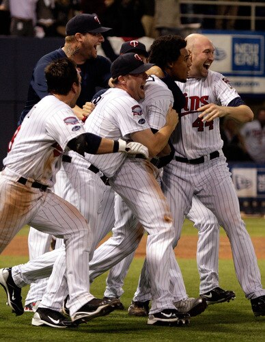 MINNEAPOLIS - OCTOBER 06:  The Minnesota Twins celebrate after defeating the Detroit Tigers during the American League Tiebreaker game on October 6, 2009 at Hubert H. Humphrey Metrodome in Minneapolis, Minnesota.  <br /><br /><span class="help">(Photo by Jamie Squire/Getty Images)</span>