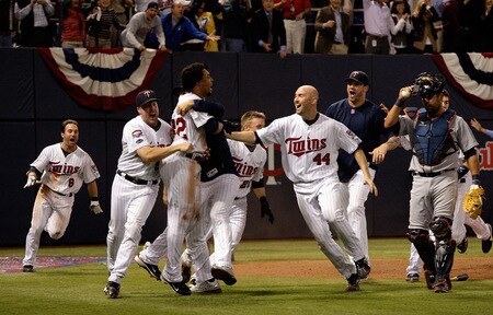 MINNEAPOLIS - OCTOBER 06:  The Minnesota Twins celebrate after defeating the Detroit Tigers during the American League Tiebreaker game on October 6, 2009 at Hubert H. Humphrey Metrodome in Minneapolis, Minnesota.  <br /><br /><span class="help">(Photo by Jamie Squire/Getty Images)</span>