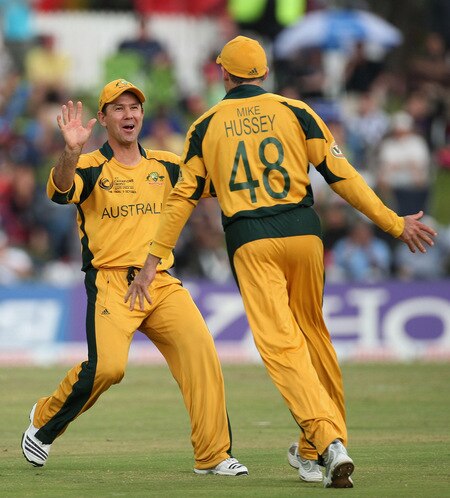 CENTURION, SOUTH AFRICA - OCTOBER 05:  Michael Hussey of Australia is congratulated by team mate Ricky Ponting on his catch to dismiss Ross Taylor of New Zealand during the ICC Champions Trophy Final between Australia and New Zealand played at Supersport Park on October 5, 2009 in Centurion, South Africa.  <br /><br /><span class="help">(Photo by Hamish Blair/Getty Images)</span>