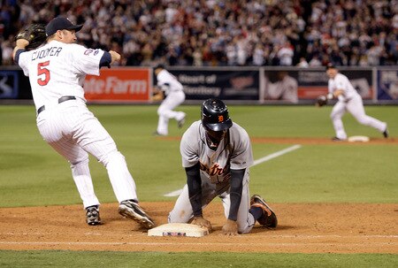 MINNEAPOLIS - OCTOBER 06:  Curtis Granderson #28 of the Detroit Tigers hangs his head after being thrown out in a double play during the 9th inning  of the American League Tiebreaker game against the Minnesota Twins on October 6, 2009 at Hubert H. Humphrey Metrodome in Minneapolis, Minnesota.  <br /><br /><span class="help">(Photo by Jamie Squire/Getty Images)</span>