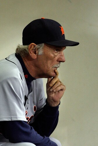 MINNEAPOLIS - OCTOBER 06:  Manager Jim Leyland #10 of the Detroit Tigers looks on from the dugout during the American League Tiebreaker game against  the Minnesota Twins on October 6, 2009 at Hubert H. Humphrey Metrodome in Minneapolis, Minnesota.  <br /><br /><span class="help">(Photo by Jamie Squire/Getty Images)</span>