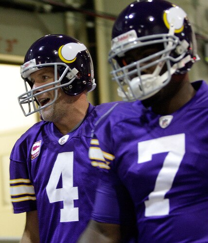 MINNEAPOLIS - OCTOBER 05:  Quarterback Brett Favre #4 of the Minnesota Vikings walks out of the tunnel onto the field prior to the start of the game against the Green Bay Packers on October 5, 2009 at Hubert H. Humphrey Metrodome in Minneapolis, Minnesota.  <br /><br /><span class="help">(Photo by Jamie Squire/Getty Images)</span>