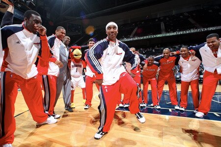 ATLANTA - OCTOBER 7: Jeff Teague #0 of the Atlanta Hawks dances after player introductions before the preseason game against the New Orleans Hornets on October 7, 2009 at Philips Arena in Atlanta, Georgia.  <br /><br /><span class="help">(Photo by Scott Cunningham/NBAE via Getty Images)</span>