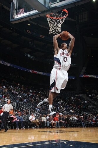 ATLANTA - OCTOBER 7: Jeff Teague #0 of the Atlanta Hawks tries for a dunk against the New Orleans Hornets during a preseason game on October 7, 2009 at Philips Arena in Atlanta, Georgia.  <br /><br /><span class="help">(Photo by Scott Cunningham/NBAE via Getty Images)</span>