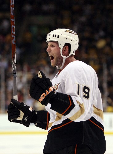 BOSTON - OCTOBER 08:  Ryan Whitney #19 of the Anaheim Ducks celebrates Corey Perry's goal in the second period against the Boston Bruins on October 8, 2009 at the TD Garden in Boston, Massachusetts.  <br /><br /><span class="help">(Photo by Elsa/Getty Images)</span>