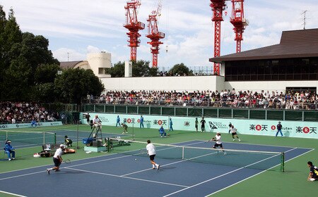 TOKYO - OCTOBER 09: Christopher Kas of Germany and Jaroslav Levinsky of the Czech Republic return a shot in their doubles match against Frantisek Cermak of the Czech Republic and Michal Mertinak of Slovakia during day five of the Rakuten Open Tennis tournament at Ariake Colosseum on October 9, 2009 in Tokyo, Japan. <br /><br /><span class="help">(Photo by Koji Watanabe/Getty Images)</span>