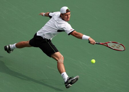 TOKYO - OCTOBER 09:  Lleyton Hewitt of Australia plays a forehand in his match against Edouard Roger-Vasselin of France during day five of the Rakuten Open Tennis tournament at Ariake Colosseum on October 9, 2009 in Tokyo, Japan.  <br /><br /><span class="help">(Photo by Koichi Kamoshida/Getty Images)</span>
