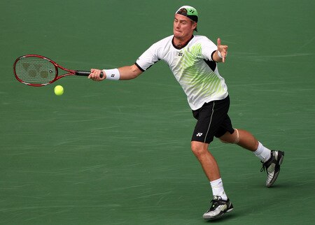 TOKYO - OCTOBER 09:  Lleyton Hewitt of Australia plays a forehand in his match against Edouard Roger-Vasselin of France during day five of the Rakuten Open Tennis tournament at Ariake Colosseum on October 9, 2009 in Tokyo, Japan.  <br /><br /><span class="help">(Photo by Koichi Kamoshida/Getty Images)</span>