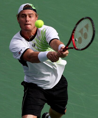 TOKYO - OCTOBER 09:  Lleyton Hewitt of Australia plays a backhand match against Edouard Roger-Vasselin of France during day five of the Rakuten Open Tennis tournament at Ariake Colosseum on October 9, 2009 in Tokyo, Japan.  <br /><br /><span class="help">(Photo by Koichi Kamoshida/Getty Images)</span>