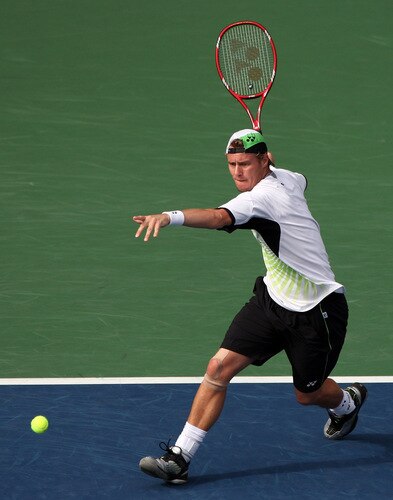 TOKYO - OCTOBER 09:  Lleyton Hewitt of Australia plays a forehand in his match against Edouard Roger-Vasselin of France during day five of the Rakuten Open Tennis tournament at Ariake Colosseum on October 9, 2009 in Tokyo, Japan.  <br /><br /><span class="help">(Photo by Koichi Kamoshida/Getty Images)</span>