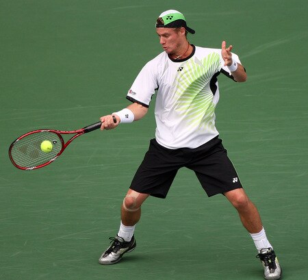 TOKYO - OCTOBER 09:  Lleyton Hewitt of Australia plays a forehand in his match against Edouard Roger-Vasselin of France during day five of the Rakuten Open Tennis tournament at Ariake Colosseum on October 9, 2009 in Tokyo, Japan.  <br /><br /><span class="help">(Photo by Koichi Kamoshida/Getty Images)</span>
