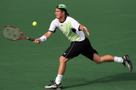 TOKYO - OCTOBER 09:  Lleyton Hewitt of Australia plays a forehand in his match against Edouard Roger-Vasselin of France during day five of the Rakuten Open Tennis tournament at Ariake Colosseum on October 9, 2009 in Tokyo, Japan.  <br /><br /><span class="help">(Photo by Koichi Kamoshida/Getty Images)</span>