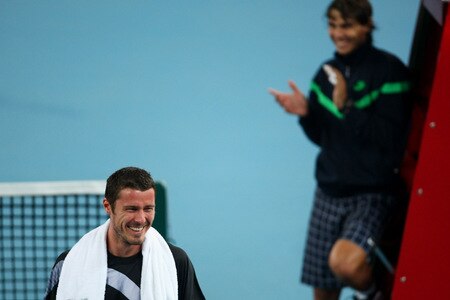 BEIJING - OCTOBER 09:  Marat Safin (Left) of Russia announces his retirement at the end of this year after  losing his quarter-final match against Rafael Nadal of Spain during day eight of the 2009 China Open at the National Tennis Centre on October 9, 2009 in Beijing, China.  <br /><br /><span class="help">(Photo by Feng Li/Getty Images)</span>