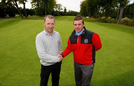 BROUGHTON, ENGLAND - OCTOBER 09: Patrick Devine of Royal Dublin (L) and Stuart Taylor of Island (R) pose for photos after winning  the SkyCaddie PGA Fourball Championship at Forest Pines Golf Club on October 09, 2009 in Broughton, England. <br /><br /><span class="help">(Photo by Tom Dulat/Getty Images)</span>
