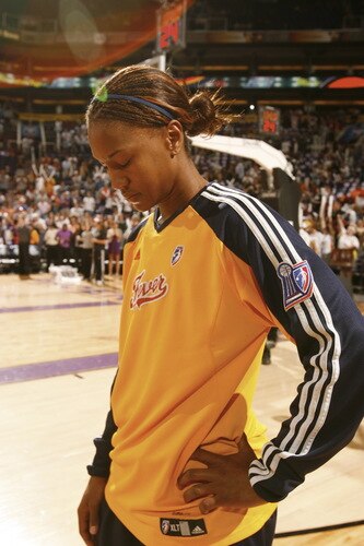 PHOENIX - OCTOBER 9: Tamika Catchings #24 of the Indiana Fever is focused against the Phoenix Mercury during Game Five of the WNBA Finals on October 9, 2009 at US Airways Center in Phoenix, Arizona. <br /><br /><span class="help">(Photo by Bill Baptist/NBAE via Getty Images)</span>