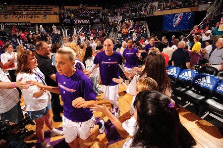 PHOENIX - OCTOBER 9: Kelly Mazzante #33 and Diana Taurasi #3 of the Phoenix Mercury enter the arena as the Mercury host the Indiana Fever in Game five of the WNBA Finals played on October 9, 2009 at U.S. Airways Center in Phoenix, Arizona. <br /><br /><span class="help">(Photo by Barry Gossage/NBAE via Getty Images)</span>