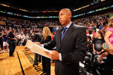 PHOENIX - OCTOBER 9: Corey Gaines, head coach of the Phoenix Mercury, prepares as the Mercury host the Indiana Fever in Game five of the WNBA Finals played on October 9, 2009 at U.S. Airways Center in Phoenix, Arizona. <br /><br /><span class="help">(Photo by Barry Gossage/NBAE via Getty Images)</span>