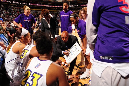 PHOENIX - OCTOBER 9: Corey Gaines, head coach of the Phoenix Mercury, talks to the team as the Mercury prepare to host the Indiana Fever in Game five of the WNBA Finals played on October 9, 2009 at U.S. Airways Center in Phoenix, Arizona. <br /><br /><span class="help">(Photo by Barry Gossage/NBAE via Getty Images)</span>